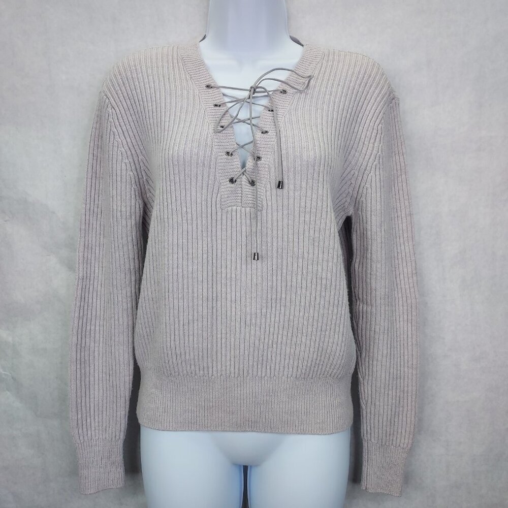 Tart Amity Sweater Women's M Lace Up Front 100% Merino Wool Blush Pink Rib Knit